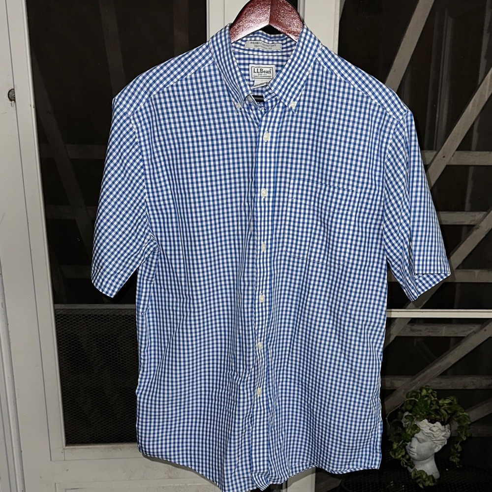 L.L.Bean Blue White Gingham Short Sleeve mens Shirt Medium Regular